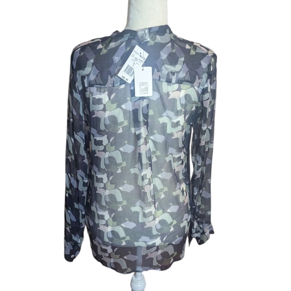 Casual Studio Gray/Black Sheer Button-Up Blouse with Abstract Pattern NWT Sz S - Picture 3 of 10